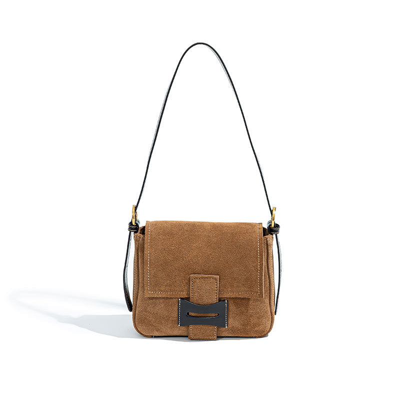 Chic Suede Messenger Bag for Fall Winter Versatile Genuine Leather Small Square Crossbody Purse Vintage Shoulder Bag