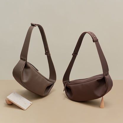 Autumn Vintage Baguette Bag in Genuine Leather for Women, Wide Shoulder Zipper Crossbody Bag