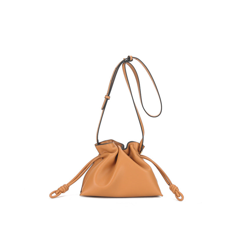 Simple Genuine Leather Women's Bag, Versatile Shoulder Crossbody Bucket Bag with Cowhide Drawstring Pouch