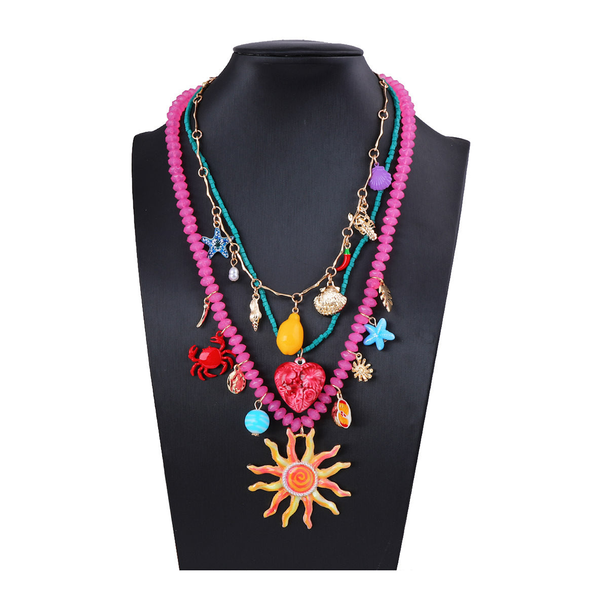 Chic Ocean-Inspired Vacation Style Colorful Multi-Layer Alloy Sun Face Pendant Necklace for Women – Perfect Accessory for Any Summer Outfit