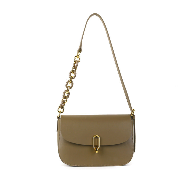 Genuine Leather Saddle Bag Chic and Minimalist Design with Unique Lock Closure Women's Chain Shoulder and Crossbody Bag
