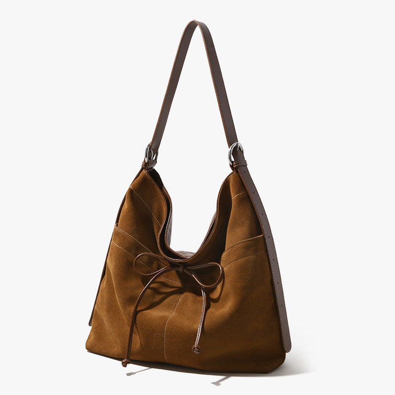 Elegant High Gloss Sanded Leather Bowknot Underarm Bag Spacious Genuine Leather Shoulder Bag for Women