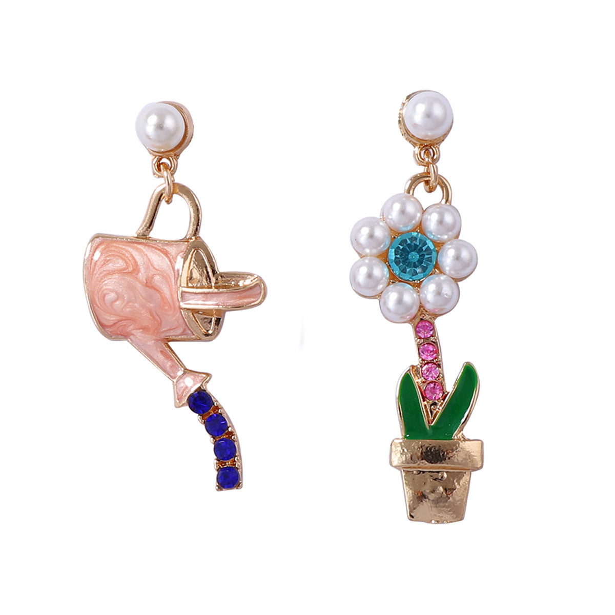 Chic Japanese and Korean Style Asymmetrical Alloy Drop Oil Pendant Earrings with Rhinestone-Studded Floral Design and Imitation Pearl Accents - Perfect for Any Occasion