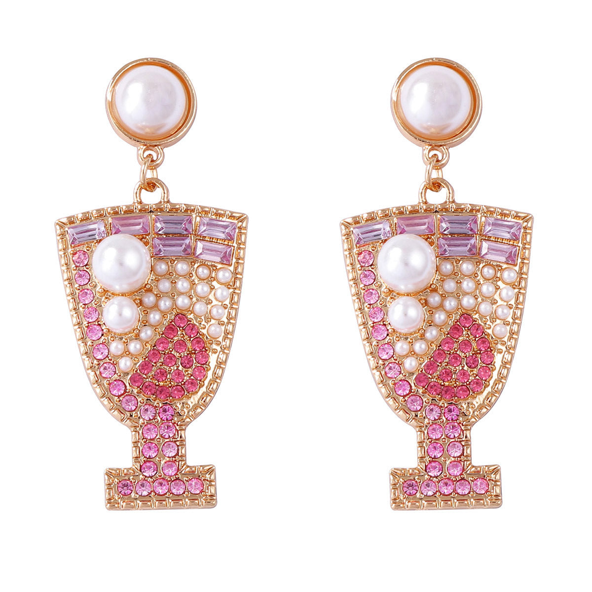 Unique Geometric Shaped Earrings with Dazzling Rhinestones - Elegant Pearl Studs Inspired by Cocktail Glass Design for Sophisticated Women's Jewelry