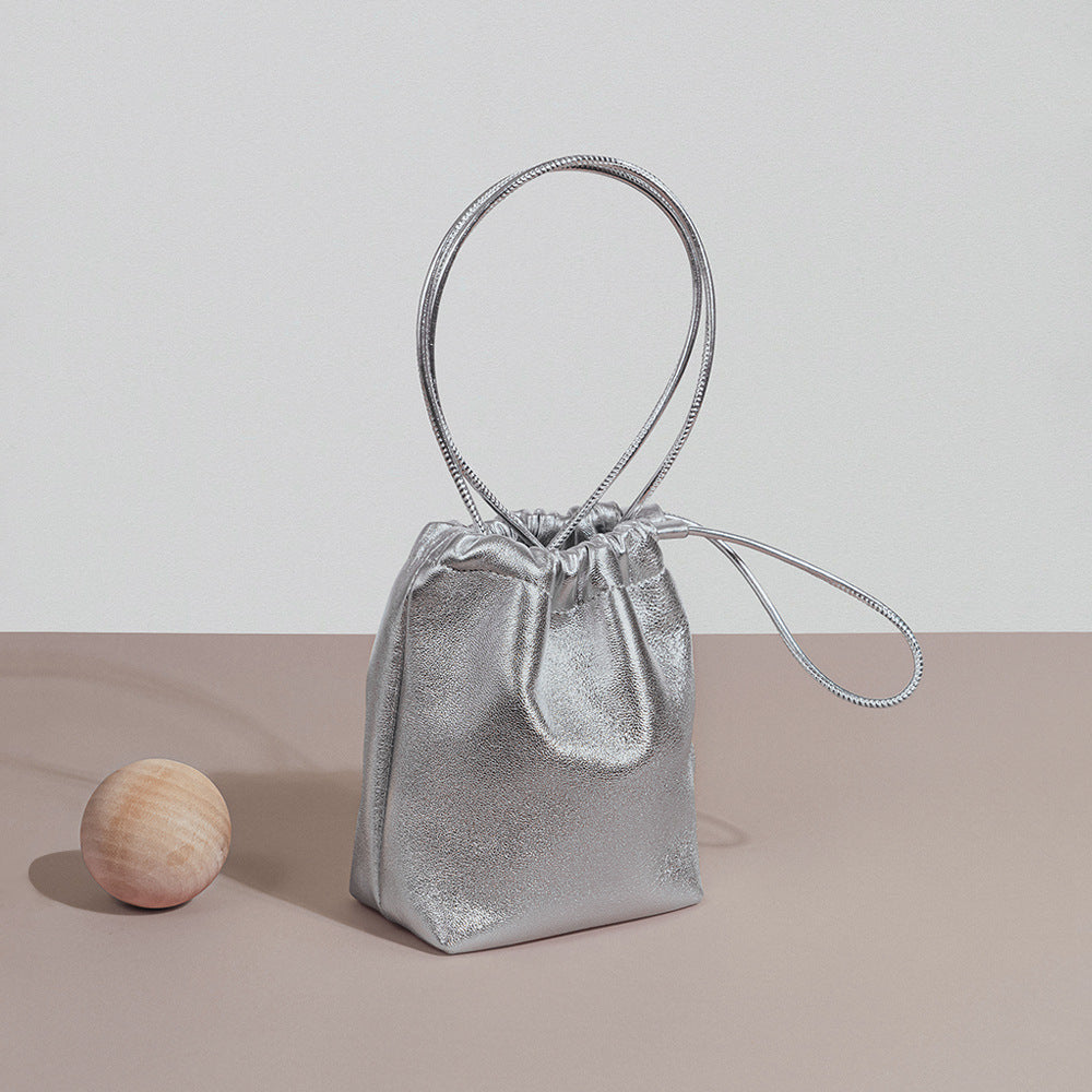 Mini Drawstring Bucket Bag with Soft Leather Wrinkles, Silver Genuine Leather Crossbody Bag