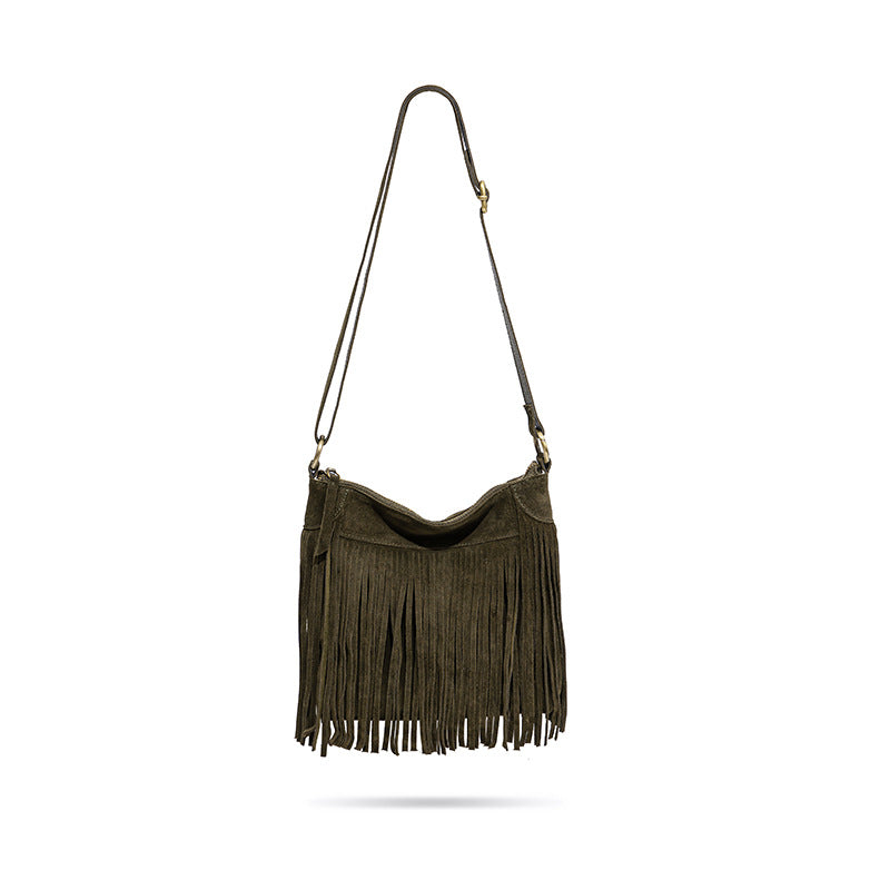 American Inspired Suede Tassel Crossbody Bag Vintage Genuine Leather Chic Shoulder Bag for Fashion Forward Women