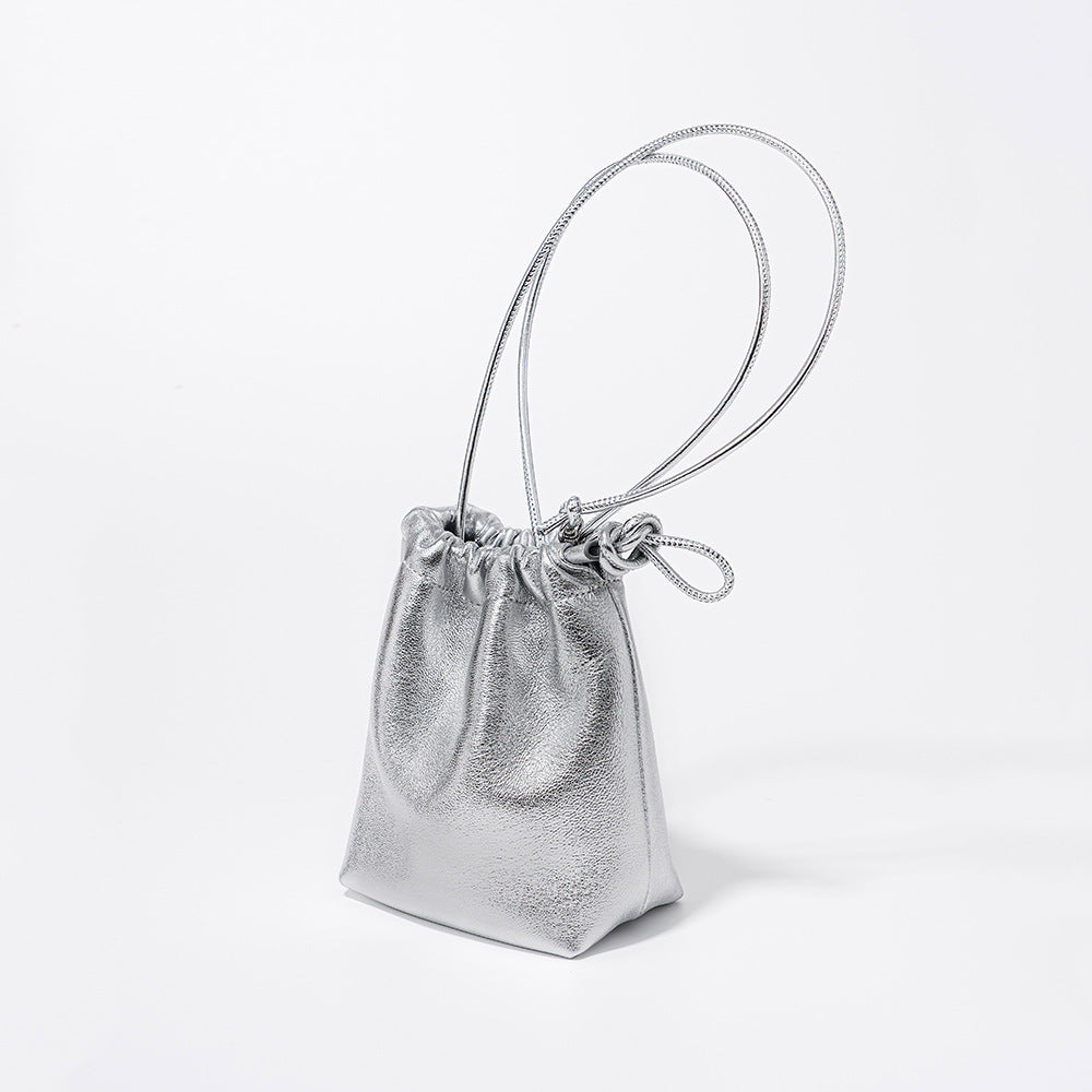 Mini Drawstring Bucket Bag with Soft Leather Wrinkles, Silver Genuine Leather Crossbody Bag