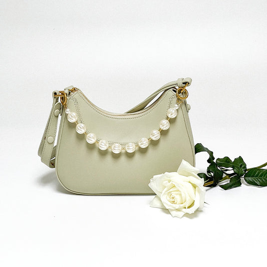 Cowhide Single Shoulder Crossbody Bag with Fig-shaped Pearl Decoration Chain Underarm Bag