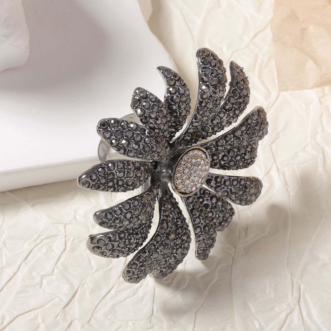 Exquisite High-End Design Oversized Floral Statement Ring with Sparkling Rhinestones for Women - Fashionable Alloy Open Floral Statement Piece