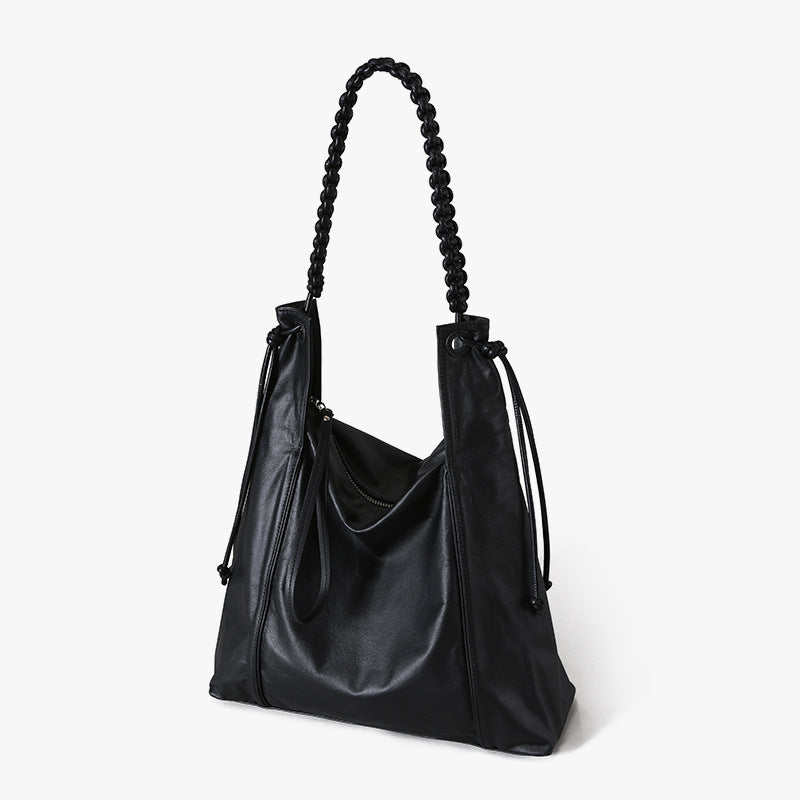 Grain Leather Tote Bag with Unique Braided Design Chic Versatile and Spacious Shoulder Bag for Fashion Forward Elegance
