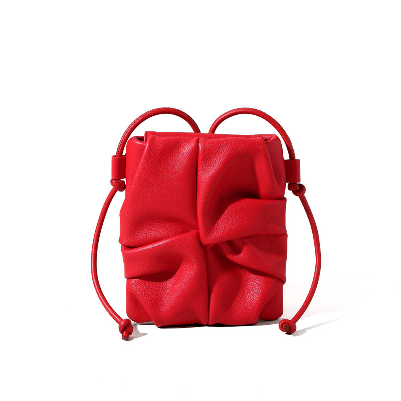 Elegant Spring Summer Genuine Leather Wrinkled Crossbody Bag for Women Unique Mini Design Minimalist Grain Cowhide Shoulder Bag