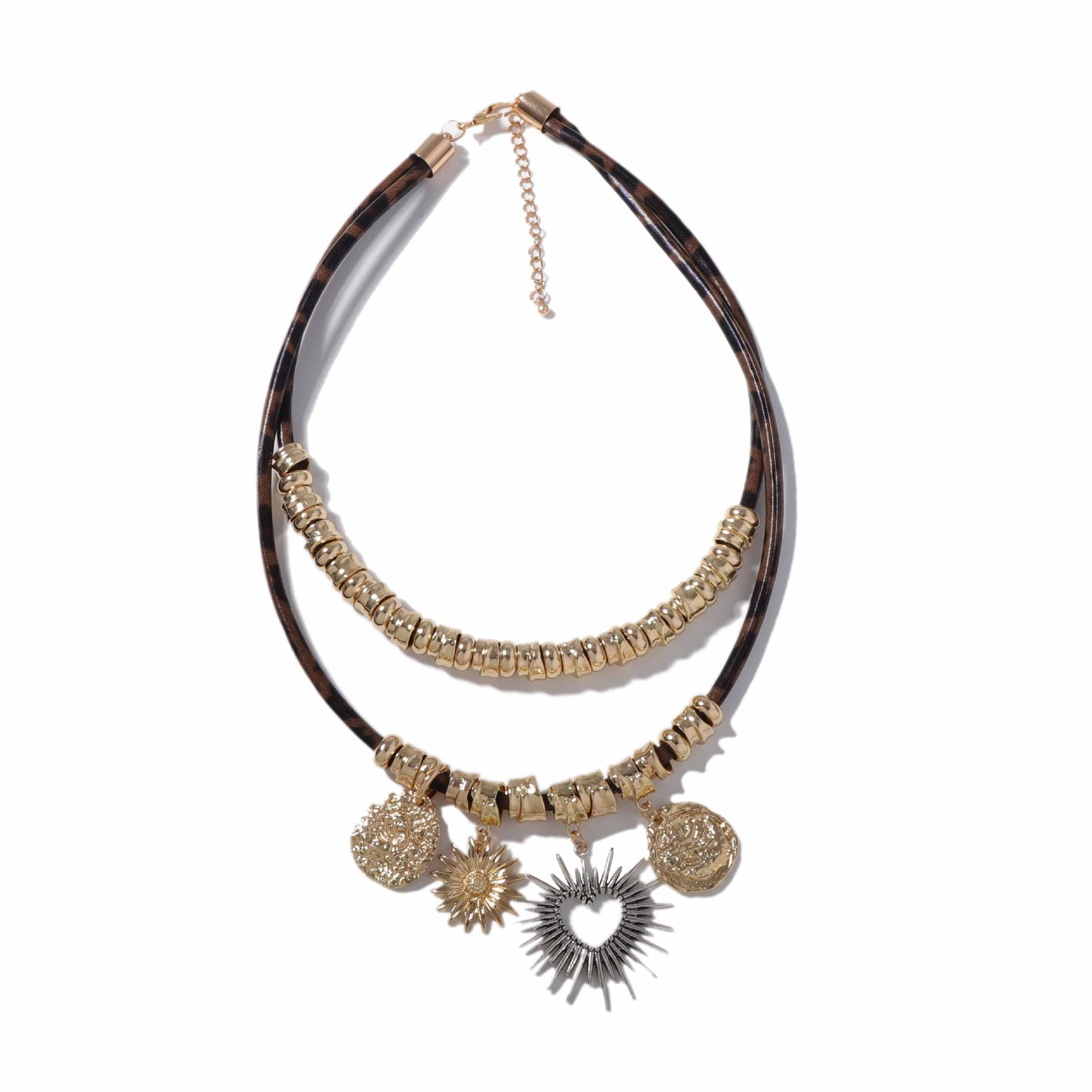 Chic Vintage-Inspired Double-Layer Alloy Pendant Necklace with Heart and Geometric Cut-Outs | Stylish Leather Chain for Women