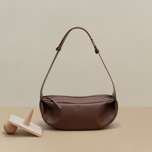 Autumn Vintage Baguette Bag in Genuine Leather for Women, Wide Shoulder Zipper Crossbody Bag