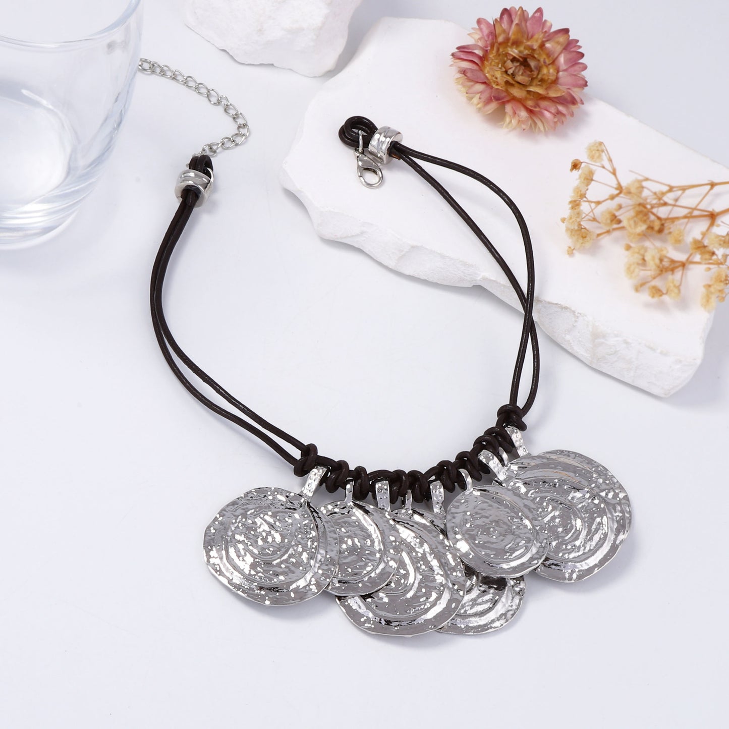 Chic Vintage-Style Layered Coin Necklace with Pleated Alloy and Leather Rope - Perfect for Casual Everyday Wear