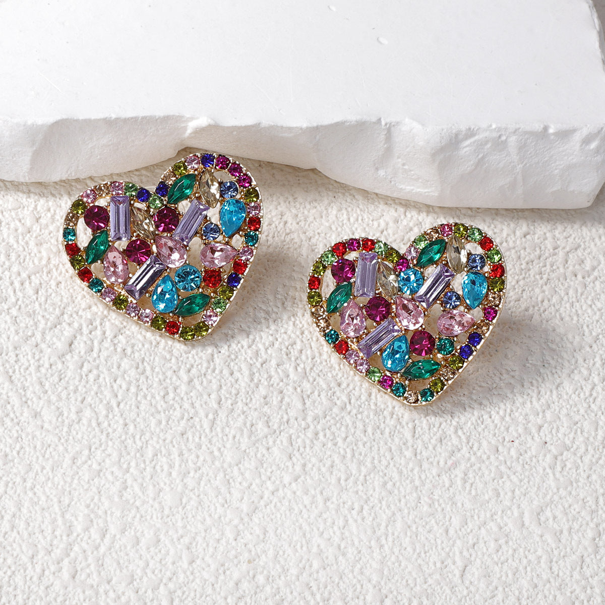 Elegant and Creative Heart-Shaped Alloy Earrings with Colorful Gemstone Accents - Unique, Minimalist Design Perfect for Ethereal Style Lovers