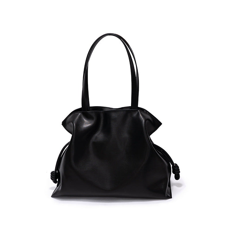 Minimalist Korean Inspired Genuine Leather Women's Bag Unique Wrinkled Design Tote with Drawstring Closure for Everyday Use