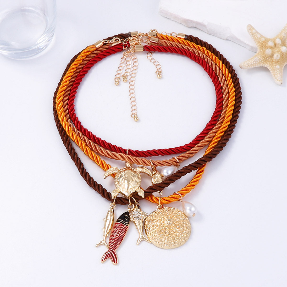 Handcrafted Summer Ocean-Inspired Colorful Rope Necklace with Unique Alloy Marine Animal Pendants – Perfect Accessory for Beach Lovers