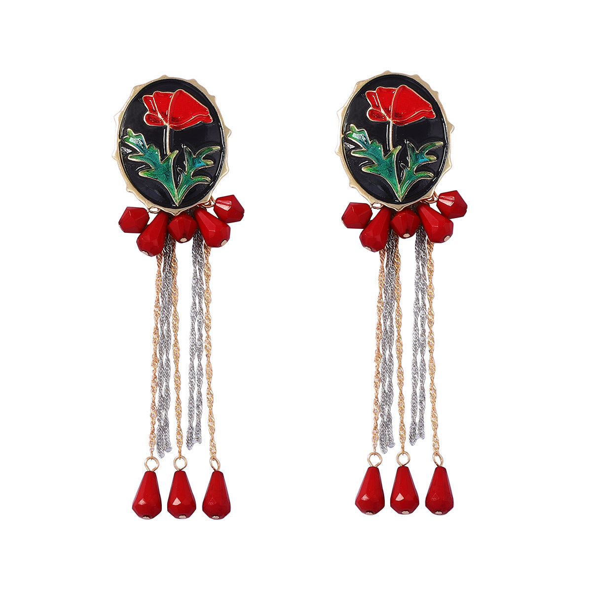 Elegant Retro-Style Alloy Drop Oil Flower Tassel Geometric Water Drop Pendant Earrings - Unique Artistic Design for Fashion Enthusiasts