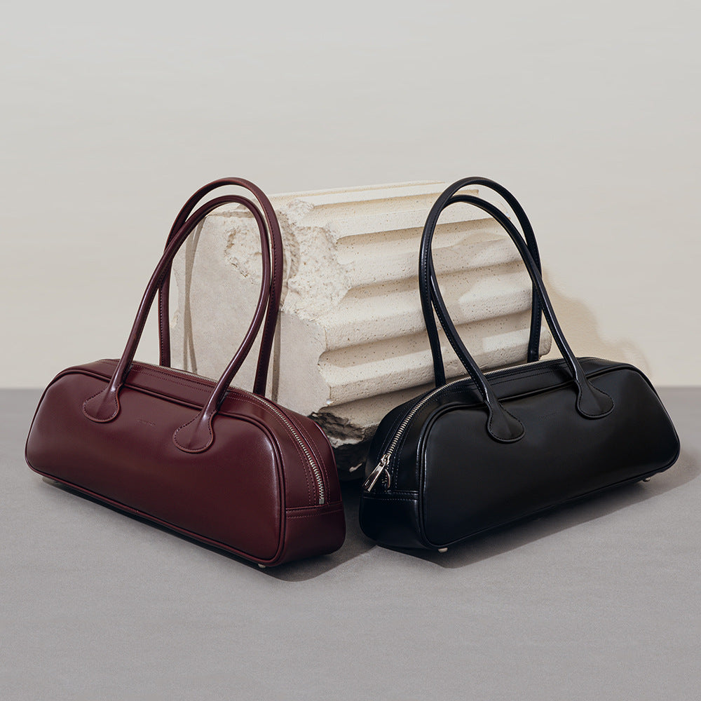 Small Vintage Bowling Bag with Large Capacity, Versatile Leather Shoulder Bag, Underarm Bag, and French Baguette Bag