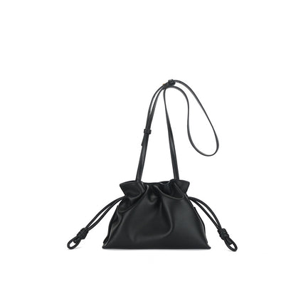 Simple Genuine Leather Women's Bag, Versatile Shoulder Crossbody Bucket Bag with Cowhide Drawstring Pouch