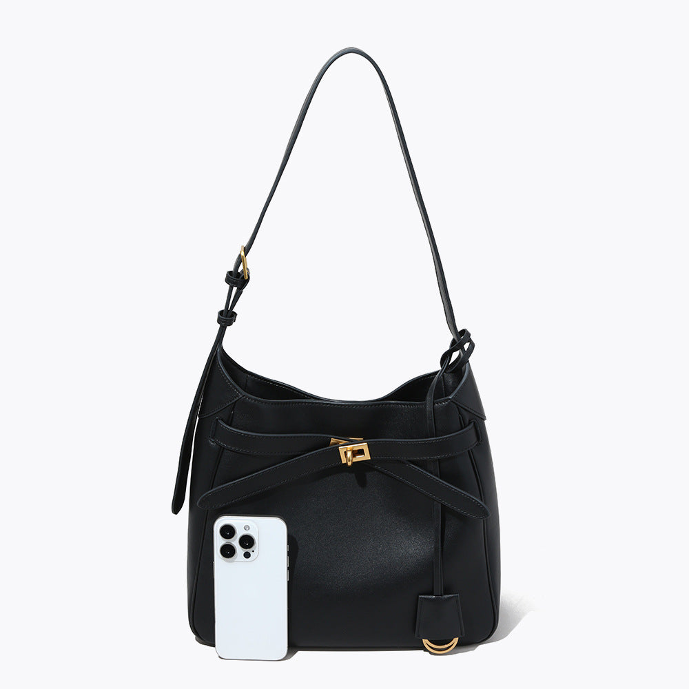 Imported Leather Locking Tote Bag Versatile Commuter Shoulder Bag for Women Spacious High Quality Genuine Leather Crossbody with Elegant Design