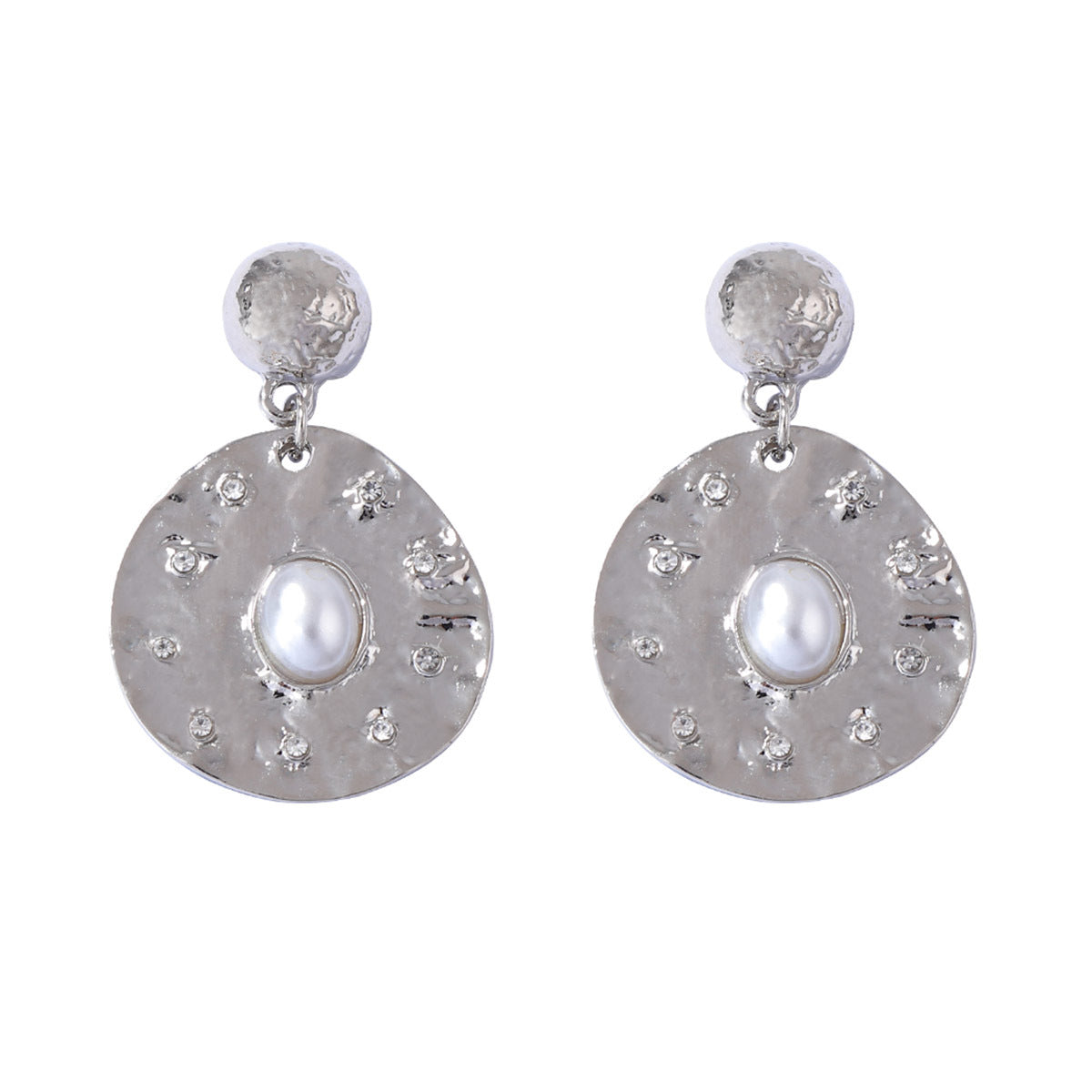 MG Spanish Vintage-Inspired Retro Wrinkled Zirconia-Studded Faux Pearl Geometric Irregular Round Earrings - Elegance Meets Unique Design