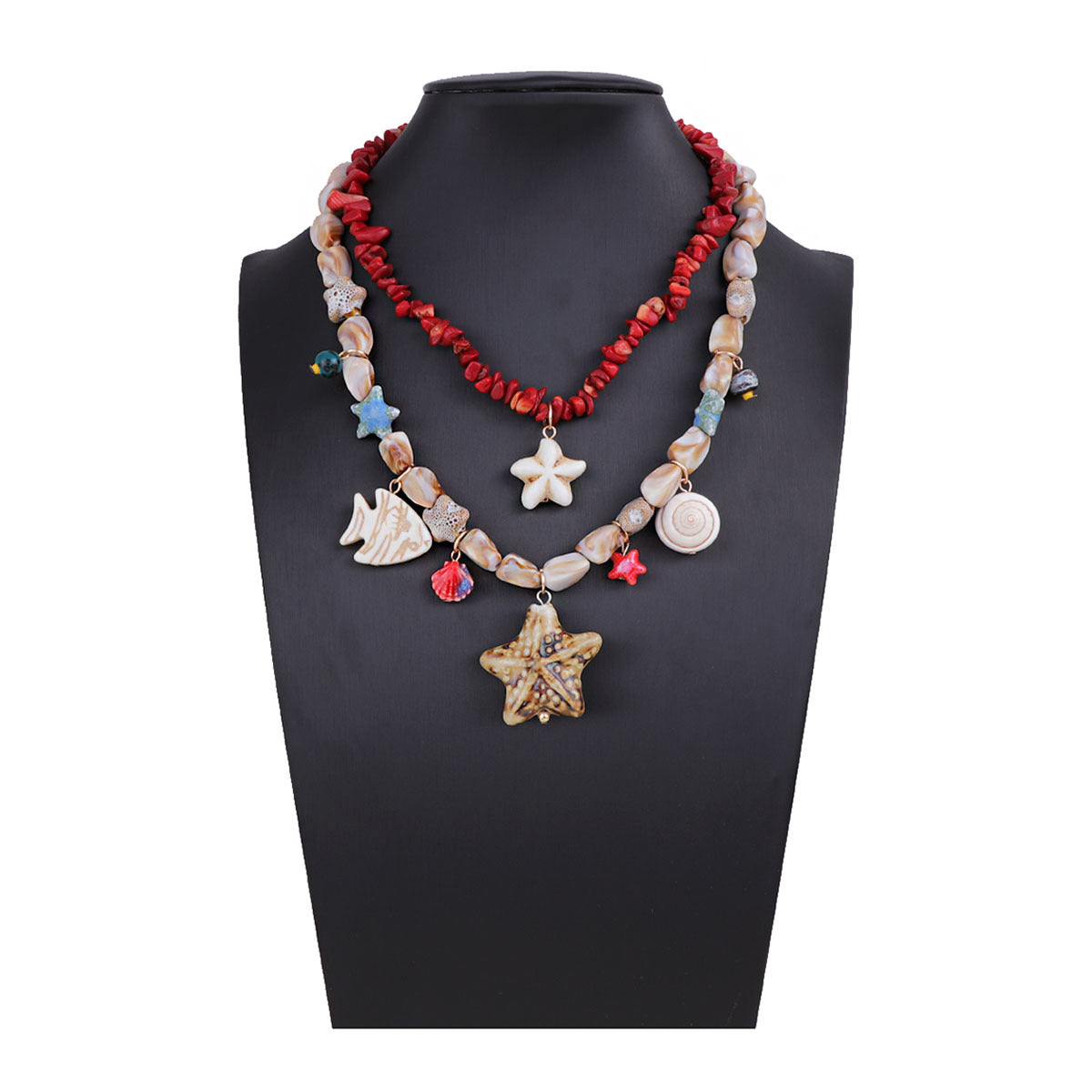 Stylish Layered Double-Strand Seashell and Starfish Design Necklace with Turquoise Ceramic Accents - Perfect for Ocean Getaways and Casual Wear