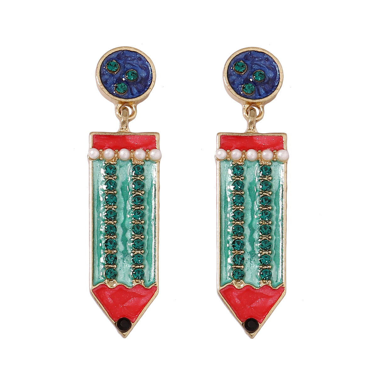 Cute Back-to-School Enamel Pencil Earrings with Rhinestones - Trendy Jewelry for Girls and Women - Perfect Accessory for School Spirit and Fashion