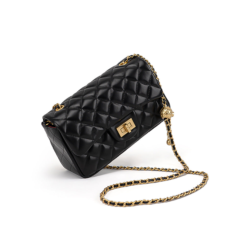 Genuine Leather Diamond Pattern Bag with Small Golden Ball, Single Shoulder Crossbody Bag with Chain Strap, High-end Look