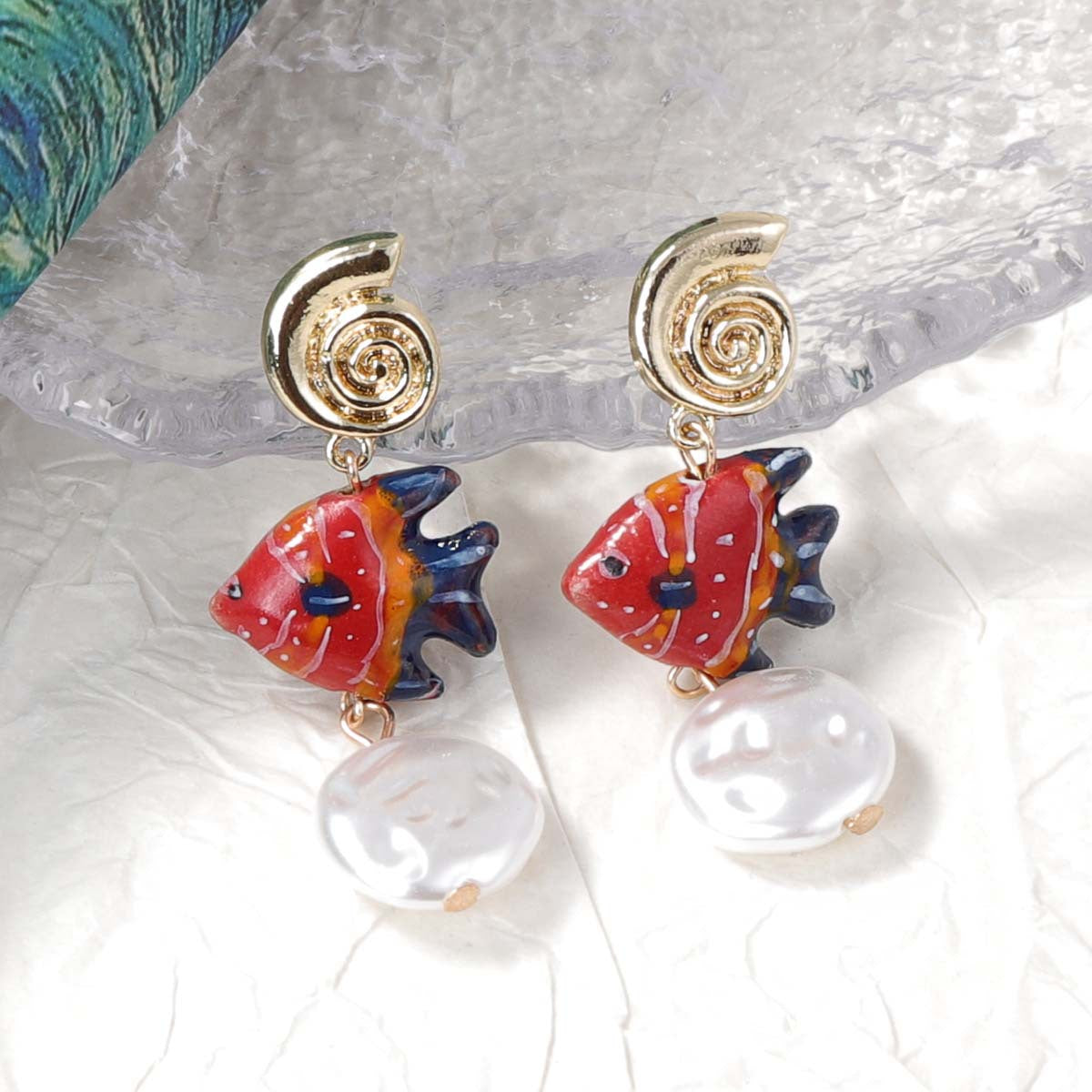 Stylish Summer Ocean-Inspired Alloy Starfish and Seashell Long Earrings with Colorful Fish - Trendy Unique Jewelry for Women