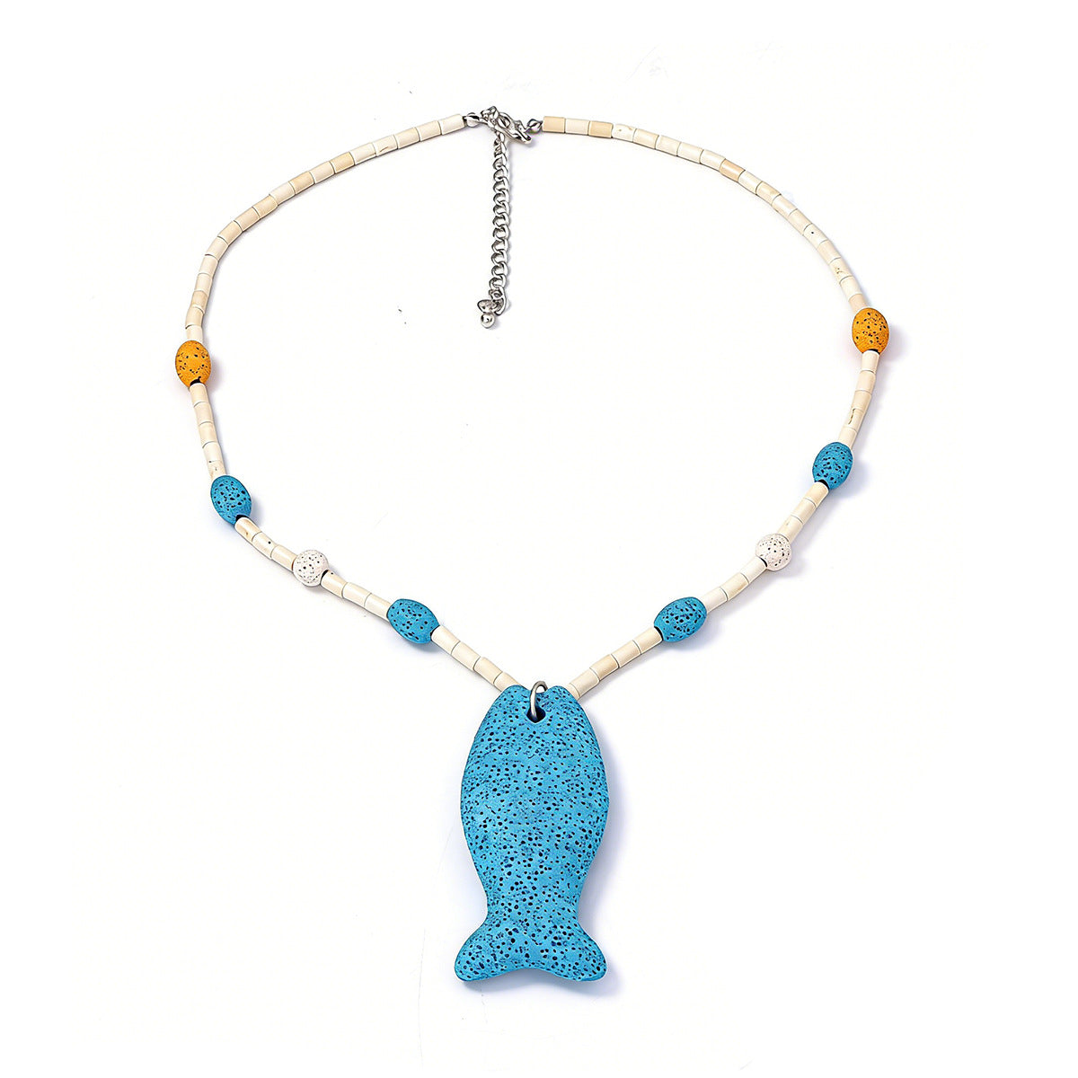 Stylish Summer Beach-Inspired 3D Volcanic Stone Starfish and Fish Beaded Necklace for Women – Perfect Accessory for Vacations
