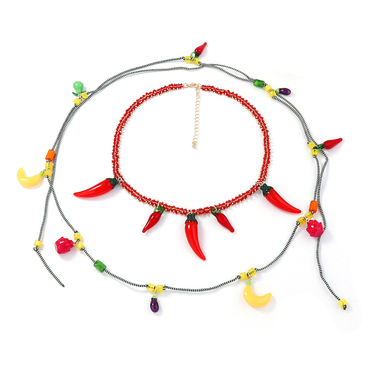 Bold Ocean-Inspired Red Chain Chili Pepper Pendant Necklace - Double Layered Fruit Charm for Trendy Statement Style