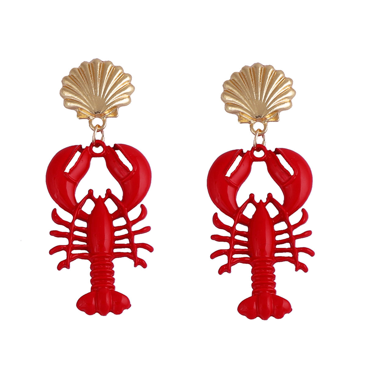 Summer Ocean-Inspired Vacation Marine Life Red Lacquer Lobster and Seashell Alloy Earrings for Women – Perfect for Beach Getaways and Casual Chic Outfits