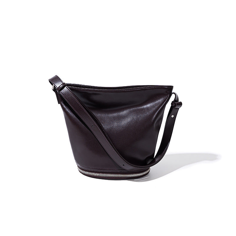 Leather Bucket Bag with Unique Design, Large Capacity for Commuting, Versatile Crossbody Shoulder Bag
