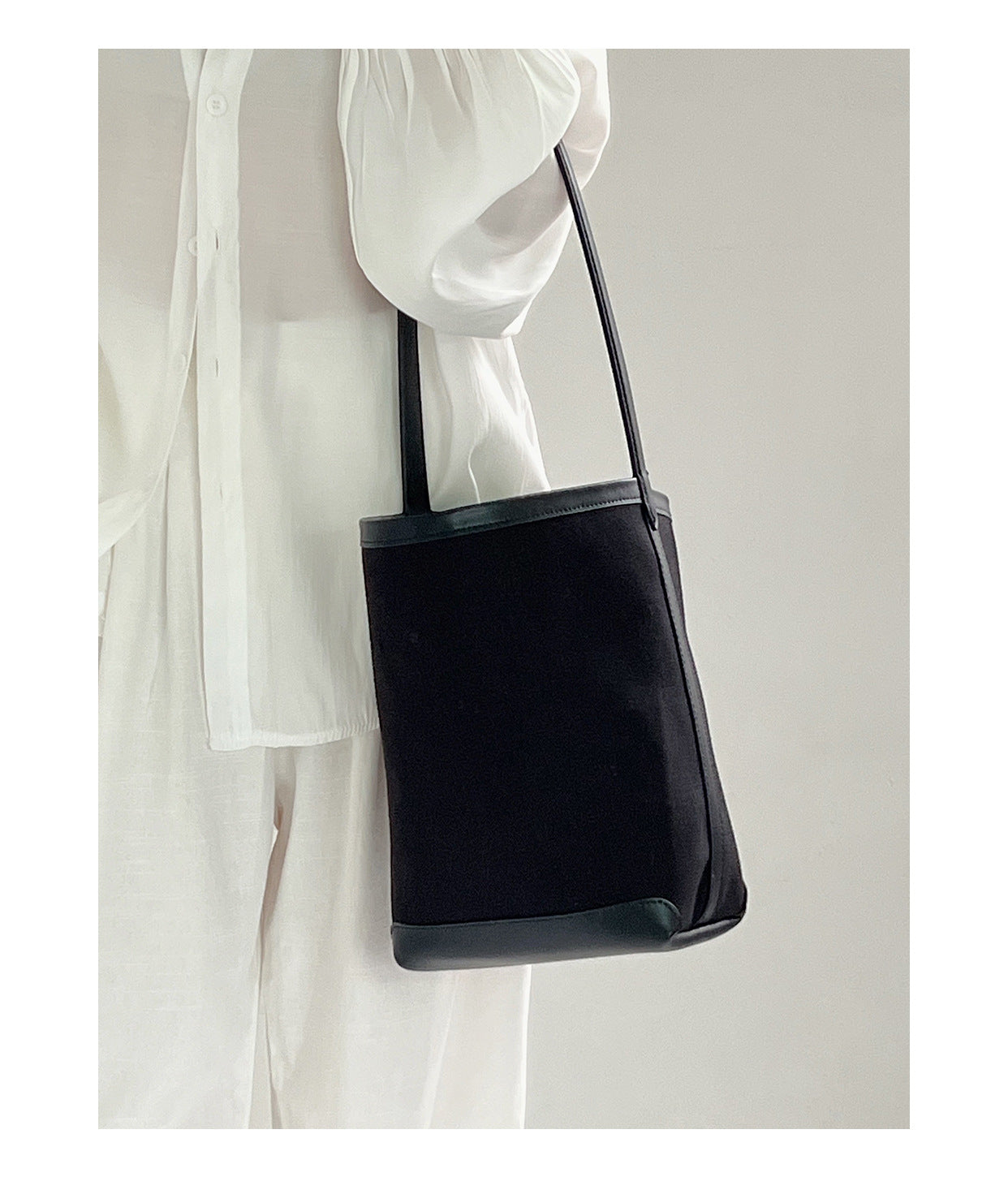 Canvas and Genuine Leather Bucket Tote Bag for Women Versatile Japanese Korean Chic Side Bag for Casual and Commute Use