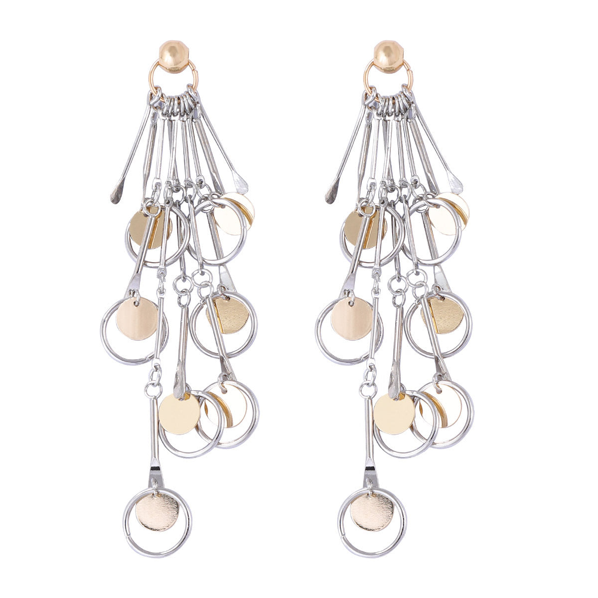 Chic Lightweight Two-Tone Metal Pendant with Modern Geometric Design – Long Tassel Earrings for a Fashion-Forward Look