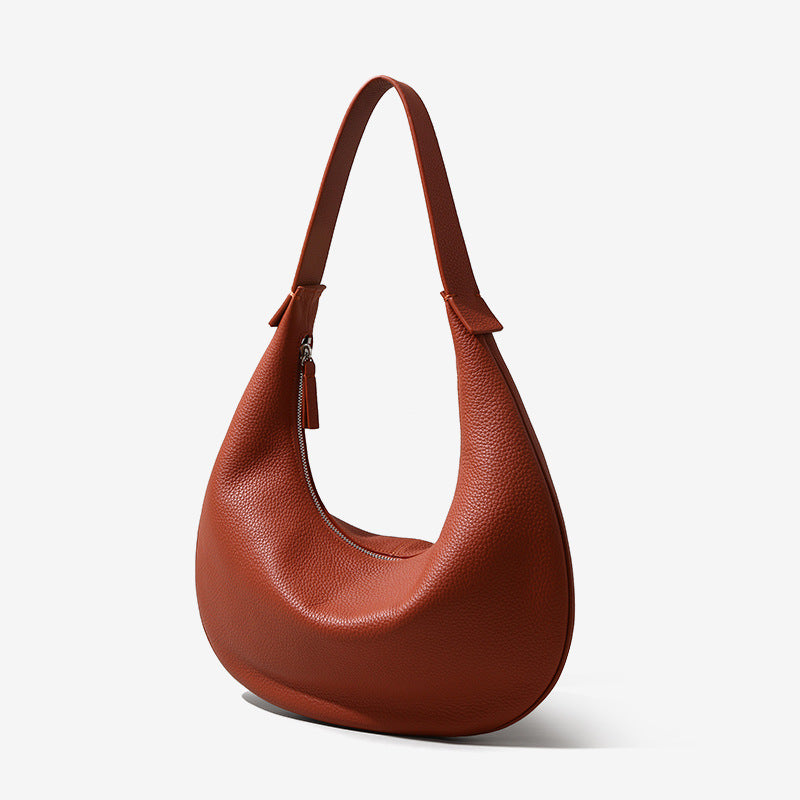 Luxurious First Layer Cowhide Leather Horn Bag Minimalist Commuter Underarm Bag with Litchi Texture Versatile Genuine Leather Handheld and Shoulder Bag for Women