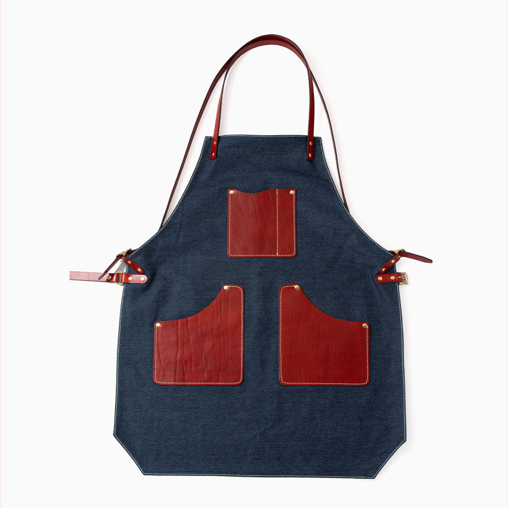 Top Grain Leather and Denim Apron and Durable Artist Barista Work Apron for Painters Coffee Lovers and Creative Professionals