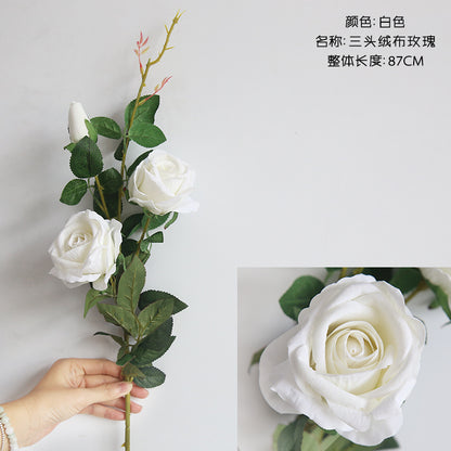 Three-Head Plush Fabric Rose - Realistic Artificial Flower for Home Décor, Wedding Events, and Craft Projects – Ideal Decoration Piece MW03333