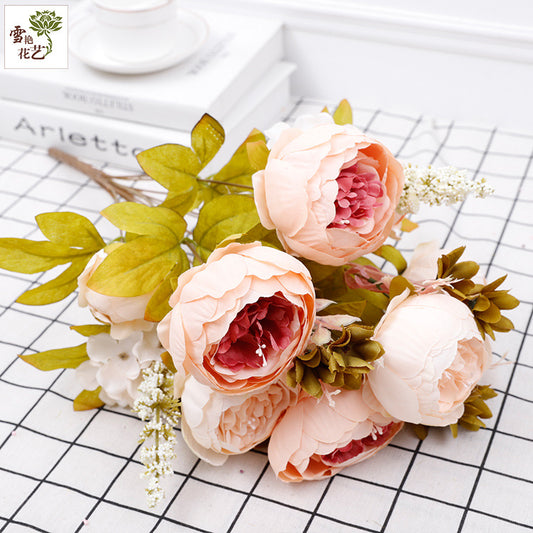 Realistic European-style 13-Head Autumn Peony Flower Arrangement - Luxurious Silk Floral Decor for Home Interiors, Perfect for Photography Props