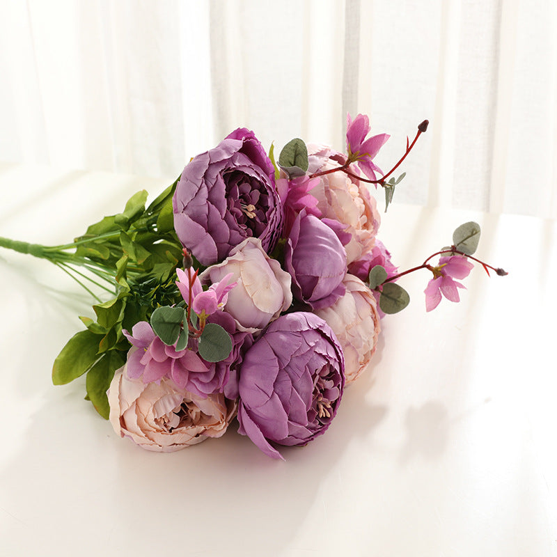 Realistic 13-Head European Style Faux Peony Bouquet for Elegant Wedding and Home Decoration - Perfect for Living Room and Dining Table Centerpiece