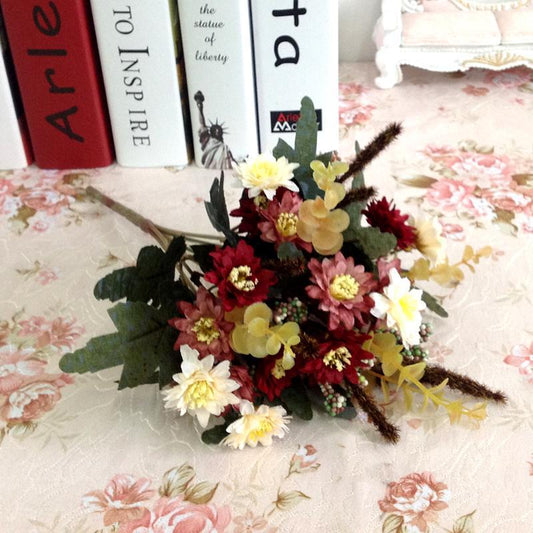 Artificial Mini Daisy and Sunflower Bouquet - 6-Head Faux Flower Arrangement for Fall, Perfect for Dining Table Decor and Seasonal Home Accents