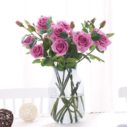 Elegant Faux Touch Floral Arrangement - 3-Head Moisturizing Roses for European-Style Home Décor, Dining Table Centerpiece, Wedding Celebrations & Model Home Decorations