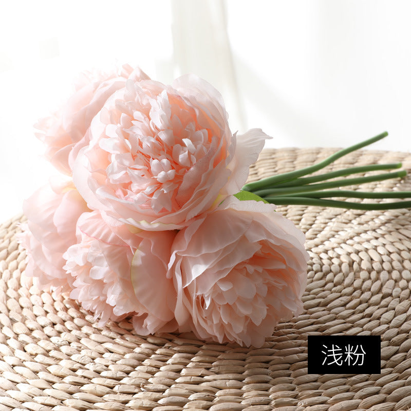 Realistic European Peony Bouquet - 5 Hand-Tied Artificial Flowers Perfect for Home Decor, Dining Table Centerpieces, and Wedding Celebrations