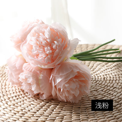 Realistic European Peony Bouquet - 5 Hand-Tied Artificial Flowers Perfect for Home Decor, Dining Table Centerpieces, and Wedding Celebrations