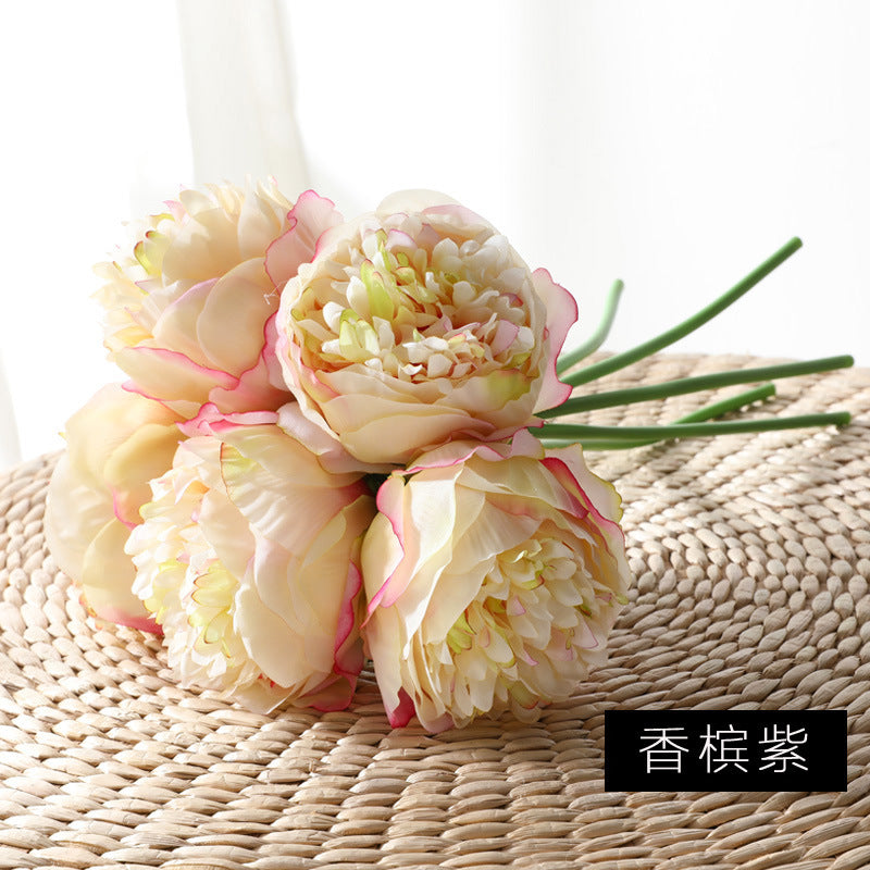 Realistic European Peony Bouquet - 5 Hand-Tied Artificial Flowers Perfect for Home Decor, Dining Table Centerpieces, and Wedding Celebrations