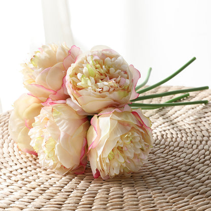 Realistic European Peony Bouquet - 5 Hand-Tied Artificial Flowers Perfect for Home Decor, Dining Table Centerpieces, and Wedding Celebrations