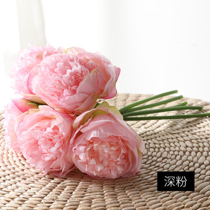 Realistic European Peony Bouquet - 5 Hand-Tied Artificial Flowers Perfect for Home Decor, Dining Table Centerpieces, and Wedding Celebrations