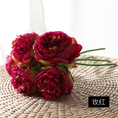 Realistic European Peony Bouquet - 5 Hand-Tied Artificial Flowers Perfect for Home Decor, Dining Table Centerpieces, and Wedding Celebrations