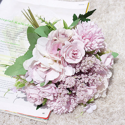 Beautiful Hydrangea and Dandelion Mini Rose Bouquet - Realistic Faux Flowers for Wedding, Home Decor, and Floral Arrangements